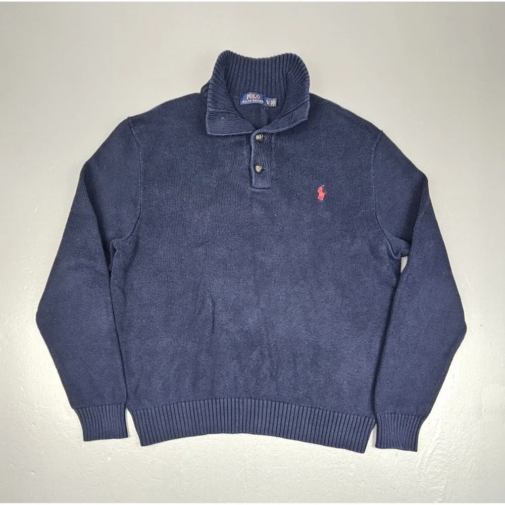Polo Ralph Lauren Sweater Mens XL. 3 Button Cotton Mock Neck‎ Blue Red Pony